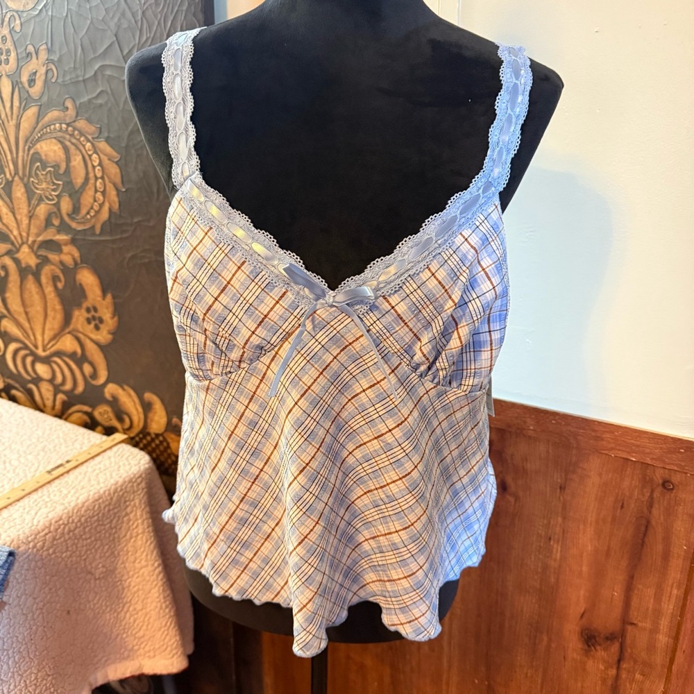 No Boundaries Blue and Orange Plaid Top